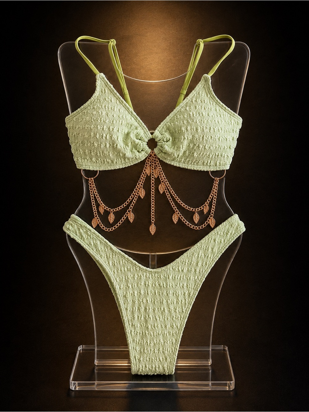 Textured Light Green Women's One-Piece Swimsuit with Chain Accent